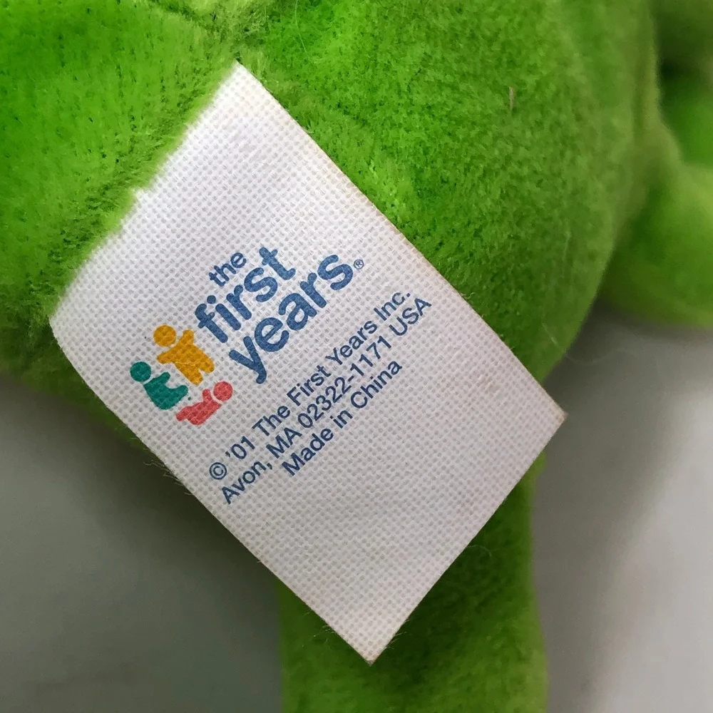 First Years Frog Plush Vintage 2001 Green Polka Dot Belly Tongue Out Rattle